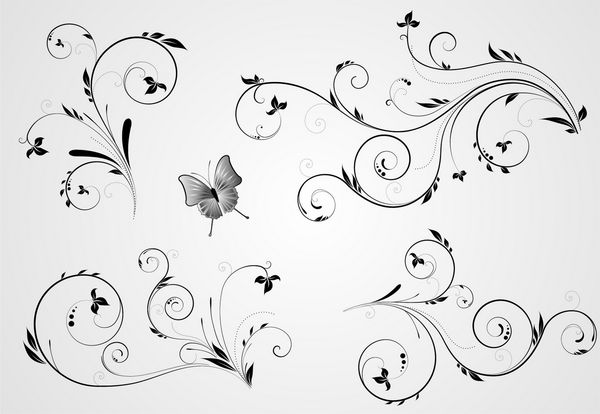 مجموعه ای از طراحی سیاه و سفید گل با عناصر چرخش در پس زمینه خاکستری