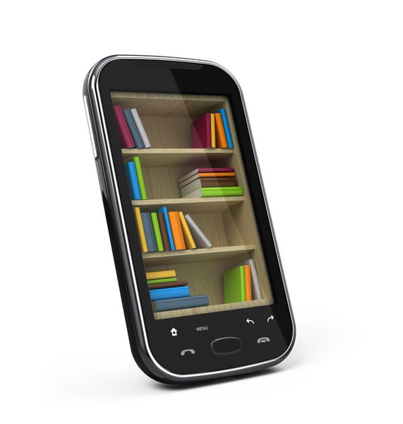 گوشی هوشمند با قفسه کتاب مفهوم کتابخانه کتاب