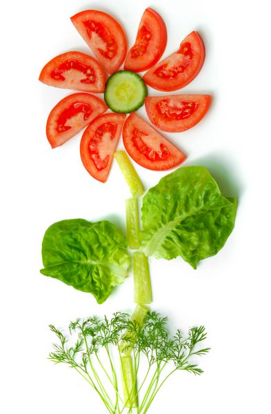 مفهوم گل با سبزیجات تازه سالم تهیه شده است همه چیز بر روی میز آشپزخانه لاستیکی سفید قرار گرفته است