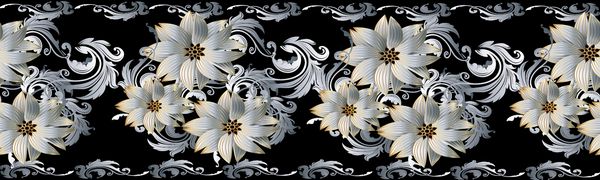 الگو مدرن بدون درز مدرن پس زمینه سیاه و سفید با گل های تزئینی 3d گل و گیاه سفید و گلدان عتیقه در سبک باروک بافت بردار لوکس برای تصاویر پس زمینه پارچه چاپ پارچه