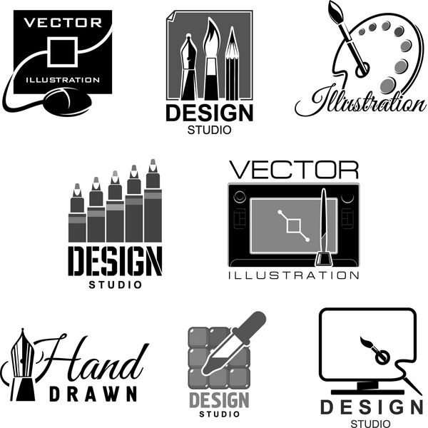 طراحی آرم های قالب استودیو برای آژانس و یا طراحان گرافیک و تصویر نمادهای پالت نقاشی هنرمند و برس مانیتور با قرص رسم یا ماوس کامپیوتری مجموعه ای بردار جدا شده