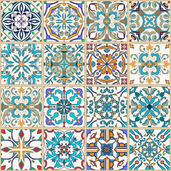 بردار بدون درز بافت الگوی زیبایی برای طراحی و مد با عناصر تزئینی کاشی های پرتغال Azulejo زیور آلات مراکش
