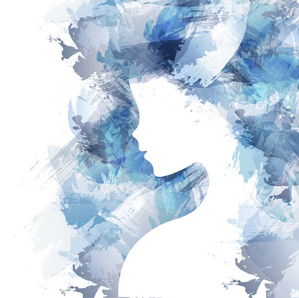 صورت زن چهره تصویر دیجیتال بانوی هنر تکنیک آبرنگ و آبی انتزاعی زن موهای زرق و برق دار بلند مفهوم زیبایی