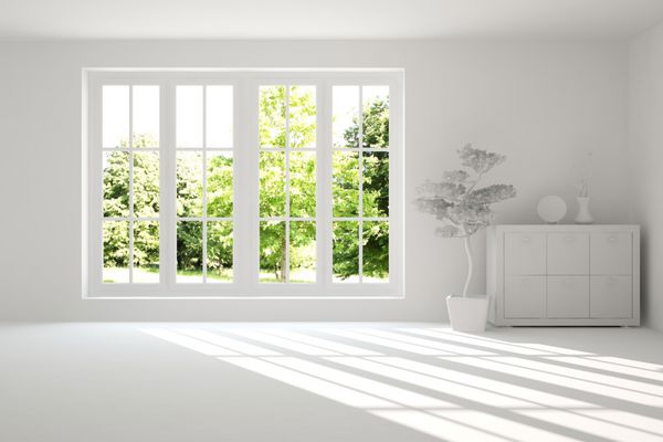 اتاق خالی سفید با چشم انداز سبز در پنجره طراحی داخلی اسکاندیناوی تصویر 3D