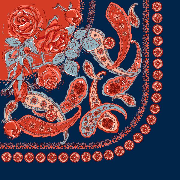 طراحی باندانا با طراحی روسری گردن ابریشمی Paisley و گل رز در یک پس زمینه آبی تیره الگوی بردار گل الگو برای چاپ روی پارچه بسته بندی کاغذ منسوجات پالت محدود