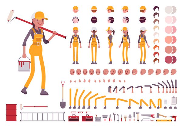 مجموعه کاراکتر زن کارگر طول کامل دیدگاه های مختلف احساسات حرکات جدا شده بر روی زمینه سفید طراحی خودتان را بسازید تصوير انتگرال تصويري کارتون