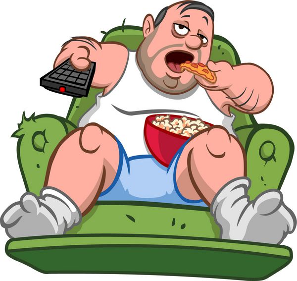 سیب زمینی سیب زمینی سیب زمینی مرد چاق نشسته روی مبل خوردن تکه پیتزا و پاپ کورن در هنگام تماشای تلویزیون