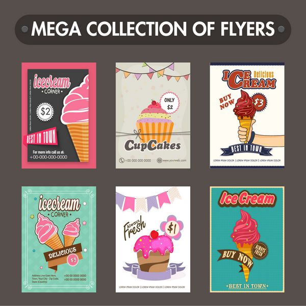مجموعه مگا از آگهی های غذایی شیرین قالب و یا قیمت کارت طراحی با تصویر از بستنی خوشمزه و کیک کوچک