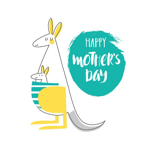 Cute creative card template Happy Mother’s day Hand Drawn illustration with mother-kangaroo and baby- kangaroo for Mother