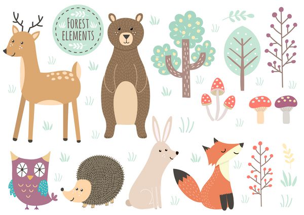 مجموعه ای از عناصر جنگل ناز حیوانات و درختان بزرگ برای دوش کودک و طراحی بچه ها گوزن خرس خارپشت خرگوش روباه جغد درختان و قارچ ها