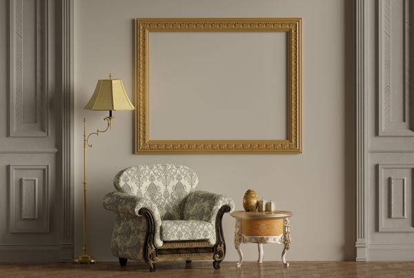 مدلسازی دیوار سفید مبلمان کلاسیک صندلی کلاسیک دکوراسیون داخلی قاب 3d render 3d illustration