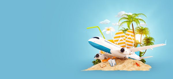 هواپیمای مسافری و کف دست نخورده در جزیره بهشت تصویر 3d غیر واقعی سفر تعطیلات تابستانی و مفهوم سفر هوایی