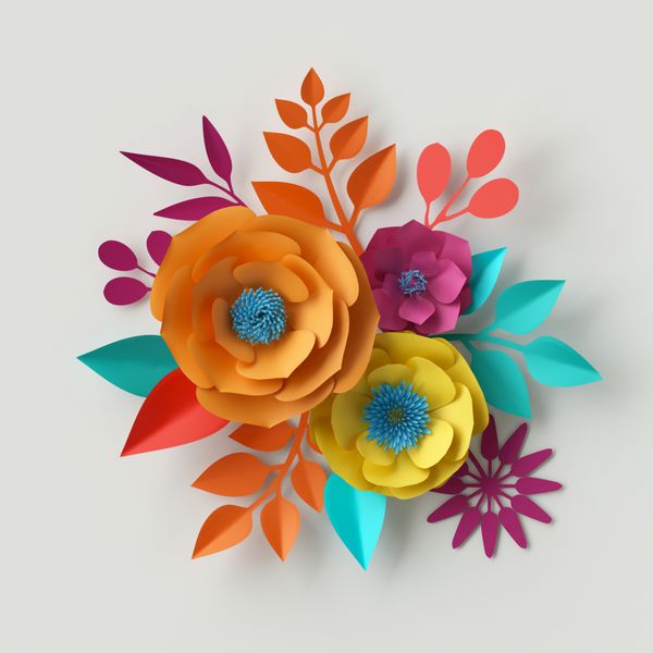رندر 3D تصویر دیجیتال تصویر کاغذ گل رنگارنگ پس زمینه تابستان بهار Bouquet گل جدا شده بر روی سفید رنگ های پر جنب و جوش نعناع صورتی نارنجی زرد