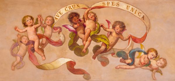 تورین ایتالیا 13 مارس 2017 نقاشی نئو باروک از فرشتگان با کتیبه در کلیسا Chiesa di San Giuseppe توسط جوزپه فراری د Orsara 1909