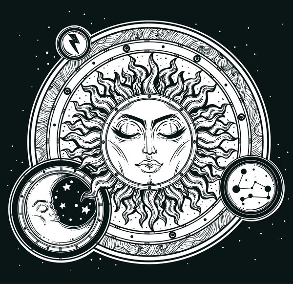 انگشتر دست کشیده خورشید ماه آسمان شب بردار برای کتاب رنگ آمیزی طراحی تی شرت کوبی هنر هندسه مقدس سحر و جادو فلسفه اصطلاحات تصویر برداری برای استفاده تجاری و شخصی