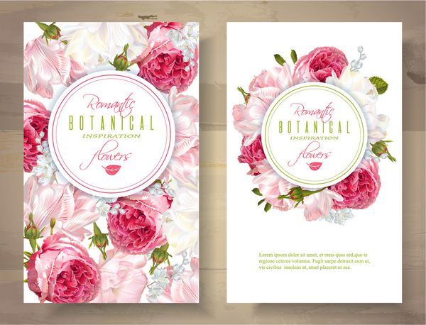آگهی بردار های برداری با گل رز باغ و گل گل لاله در زمینه سفید طراحی رمانتیک برای لوازم آرایشی طبیعی عطر محصولات زنانه می تواند به عنوان کارت تبریک یا دعوت عروسی استفاده شود