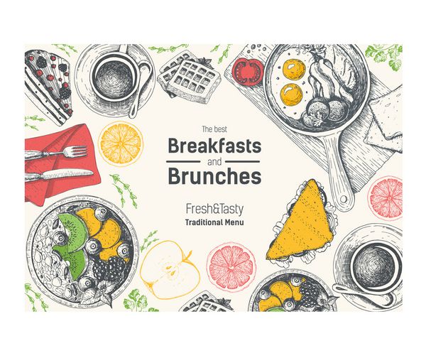 صبحانه و ناهارخوری قاب بالای دید طراحی منو غذا بردار دست نقاشی بردار تصویر سبک حکاکی شده صبحانه سنتی