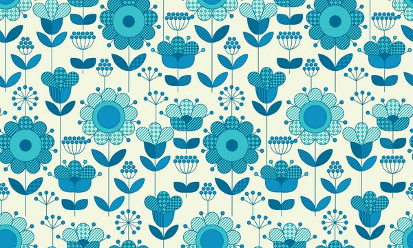 الگوی گل بدون درز گلدار برای طراحی سطح در سبک سنتی مردم هندسه 60s الهام گل تصویر در رنگ گل سفال آبی برای بسته بندی کاغذ پارچه پارچه