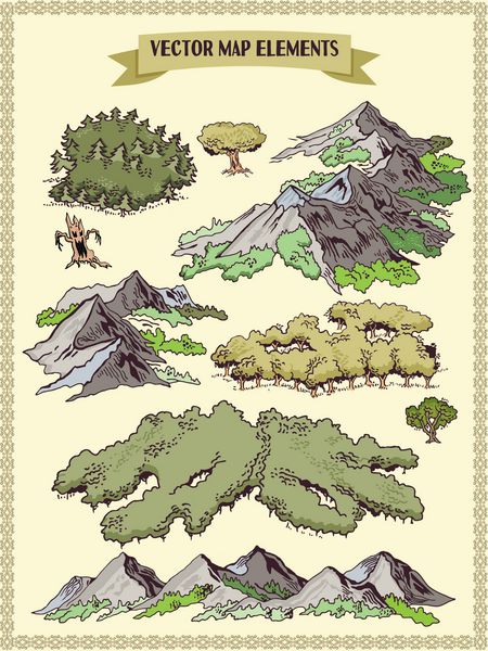 عناصر بردار نقشه رنگی قرعه کشی دست جنگل کوه ها درختان