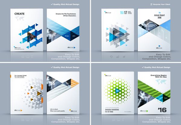 قالب کسب و کار انتزاعی کسب و کار طراحی بروشور پوشش طرح مدرن گزارش سالانه پوستر فلیکر در A4 با مثلث رنگی اشکال هندسی برای فناوری علم بازار با نور پس زمینه