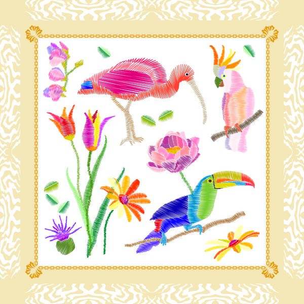روسری ابریشمی با گل و پرندگان گرمسیری الگو با بافت دوزی شده و نقوش شرقی مجموعه نساجی فهرست