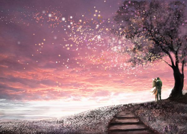 تصویر فانتزی با آسمان زیبا ستاره زن و مرد زیر یک درخت به دنبال غروب آفتاب چشم انداز ناز رنگ آمیزی علفزارهای گلدار و پله ها