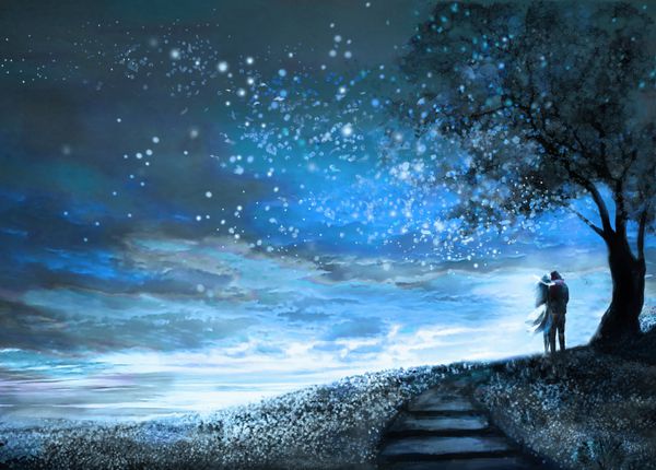 تصویر فانتزی با آسمان شب و راه شیری ستارگان زن و مرد زیر یک درخت به دنبال چشم انداز فضا رنگ آمیزی