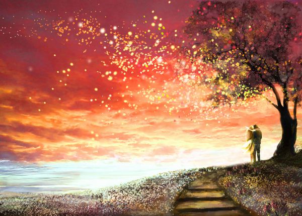 تصویر فانتزی با آسمان زیبا ستاره زن و مرد زیر یک درخت به دنبال غروب آفتاب چشم انداز ناز رنگ آمیزی علفزارهای گلدار و پله ها