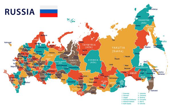 نقشه روسیه و پرچم بسیار دقیق تصویر برداری بردار