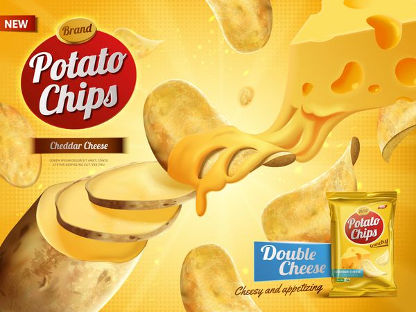 تبلیغات چیپس سیب زمینی عطر و طعم پنیر 3d تصویر
