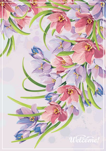 برچسب یکپارچهسازی با سیستمعامل زیبا با دسته گل گل رز شکوفه از Crocuses کارت پستال گلدار یا قالب گل آبرنگ تصویر آرایش زیبا نامه عید پاک مادران و روز زنان