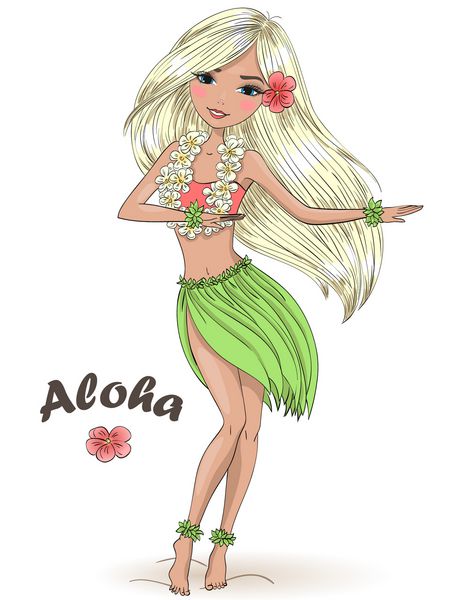 دختر زیبا هولا ناز زیبا با گردنبند هیبیزک در پس زمینه با کتیبه Aloha دست کشیده شده است مفهوم هاوایی تصویر برداری