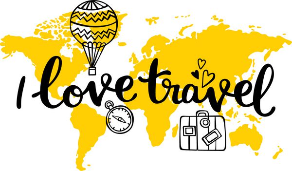 نقشه زرد جهان دوست دارم سفر کنم بالون قطب نما چمدان و قلب جدا شده بر روی شی بر روی زمینه سفید