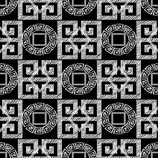 الگوی گلدوزی مدرن هندسی بدون درز پس زمینه سیاه و سفید با گیاهان وحشی grunge arras مربع دایره اشکال و زیور آلات abstract tracery پارچه بافت پارچه