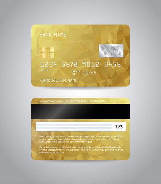 کارت های اعتباری واقع گرایانه مجموعه ای با پس زمینه رنگی انتزاعی مثلث مثلث طلایی کارت طلایی قالب جلو و عقب پول نماد پرداخت تصویر برداری EPS10