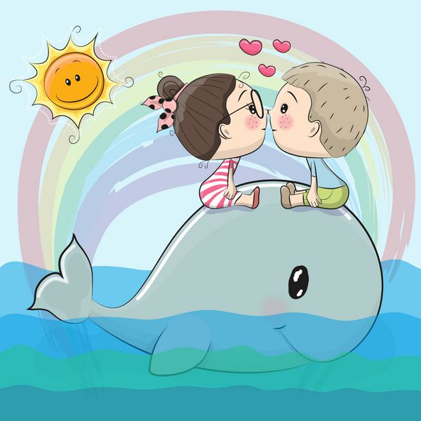 پسر و دختر کارتونی ناز با یک نهنگ بوسیدن
