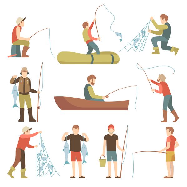 ماهیگیری تابستان ورزشی تعطیلات آیکون های تخت بردار ماهیگیران با مجموعه ماهی ماهیگیری ماهیگیر در تصویر قایق