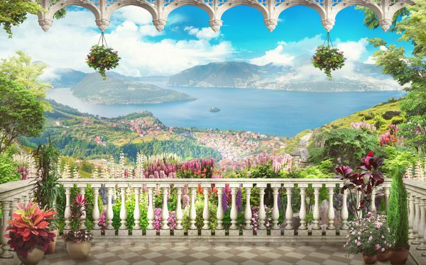 نقاشی دیجیتال بالکن دوست داشتنی با منظره ای از کوه ها و دریا گل لوپین قوس