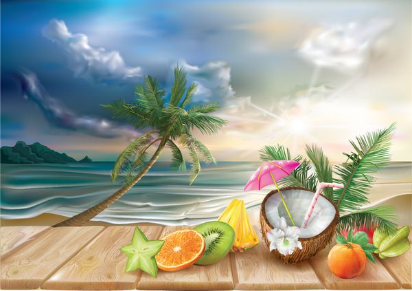 نارگیل و میوه های گرمسیری در پس زمینه ساحل دریا تصویر برداری