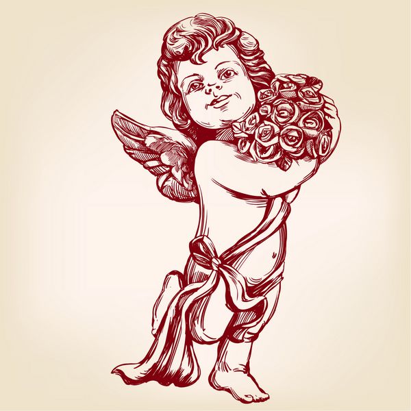فرشته و یا کوپید کودک کوچک یک دسته گل برگ کارت پستال