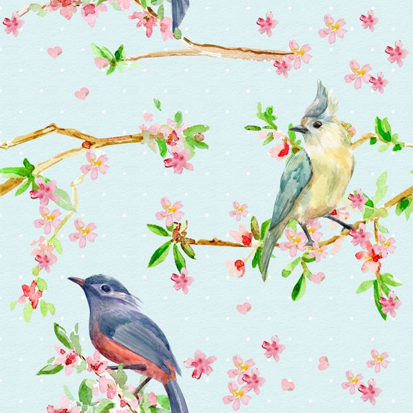 بافت بدون درز یکپارچهسازی با سیستمعامل با پرندگان ناز در شاخه های گل نقاشی آبرنگ