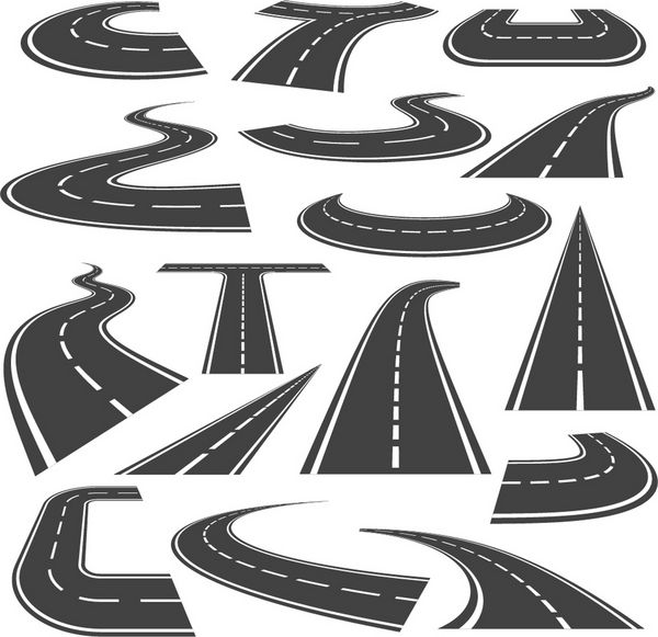 مجموعه آیکون جاده منحنی سیم پیچ مدار بزرگراه تغییر مسیر طراحی جاده هندسی برای رانندگی امن تصویر بردار سبک کارتونی جدا شده بر روی زمینه سفید