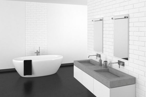 حمام مدرن با دیوار آجری سفید و کف تیره در رزین رندر 3d