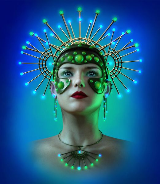 گرافیک کامپیوتری سه بعدی یک خانم با سر به لباس روشن و طلا و جواهر