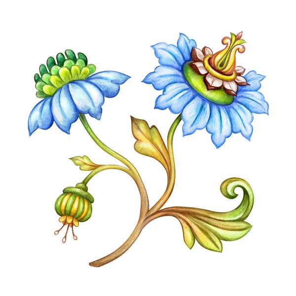 تصویر آبرنگ گل آبی برگ سبز عنصر طراحی عتیقه زیور آلات قرون وسطی الگوی پرنعمت تصویر برداری جدا شده بر روی زمینه سفید