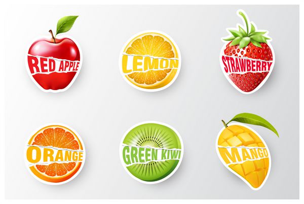 مجموعه ای از پرتقال لیمو توت فرنگی کیوی سیب آب انبه شیرینی شیر و چسباندن برچسب های تازه برچسب تصویر برداری مفهوم تبلیغات