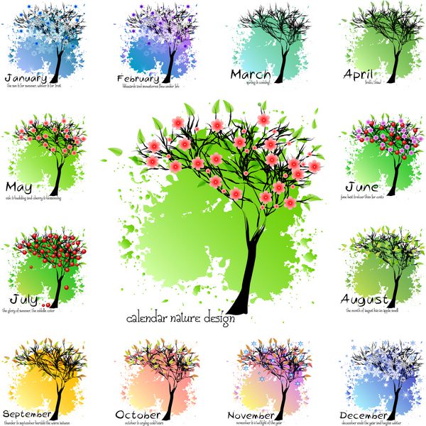 طراحی تقویم با درخت فصلی انتزاعی و شعار برای همه ماهها شکل درخت برای تمام فصل ها بر روی شکاف و رنگ های رنگی تصویر برداری