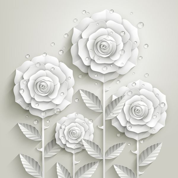 گل کاغذ سفید با برگ و قطره شبنم سبک سه بعدی پس زمینه تزئینی