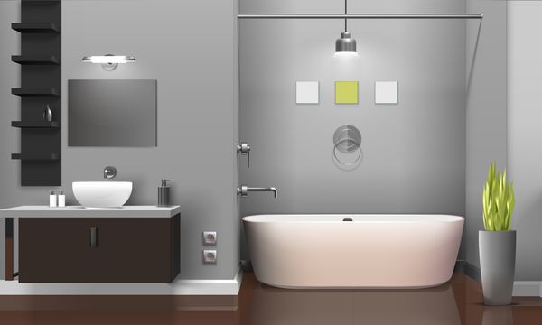 مدرن واقع بینانه طراحی داخلی حمام با تجهیزات بهداشتی سفید قفسه در دیوار خاکستری تصویر برداری تزئینی بردار گیاهی
