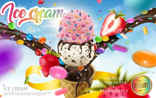تبلیغات مخروطی رنگارنگ jimmies رنگین کمان شکلات و توت فرنگی شناور در آسمان آبی تصویر 3D برای تابستان